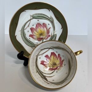 English Bone China Floral Decorated Footed Cup and Saucer by Suzie Cooper